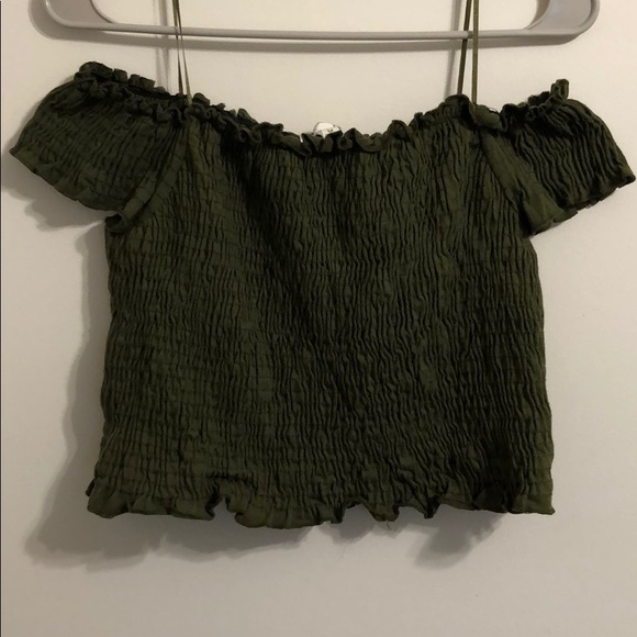 Olive Green Off the Shoulder Crop Top - Picture 2 of 5